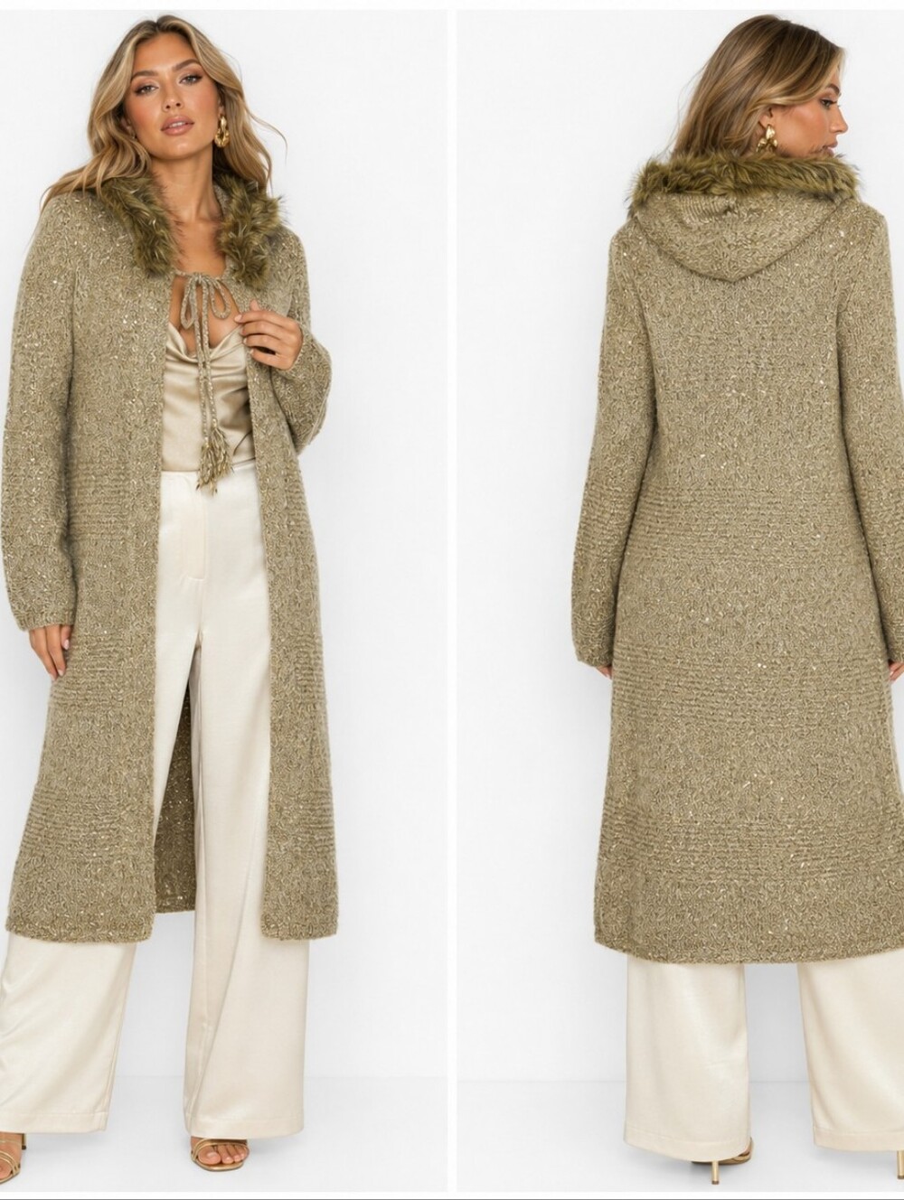 Vertigo Paris Sweater Coatigan M Metallic Gold Faux Fur Trim Party NWT MSRP $270